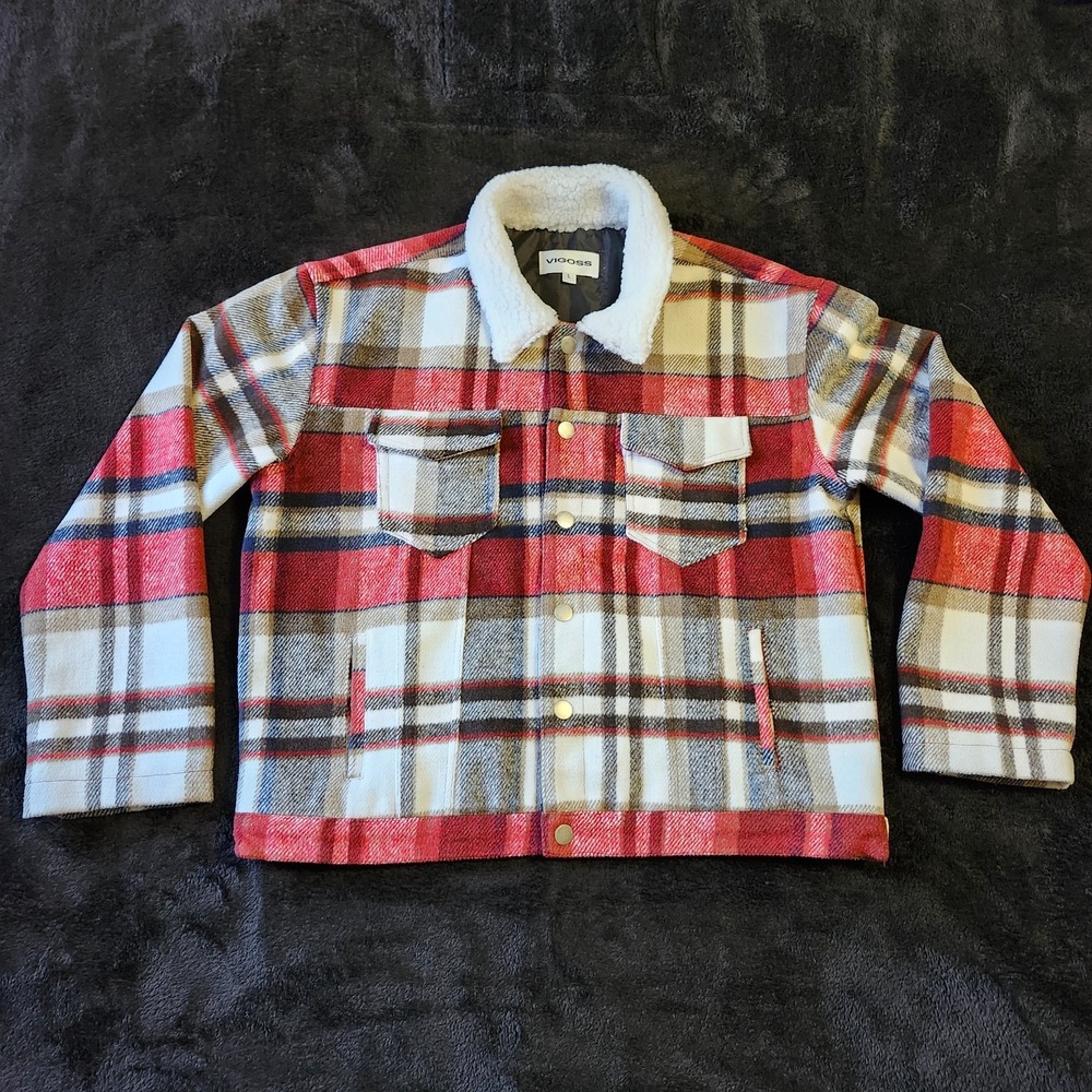 Vigoss Plaid Sherpa Trucker Jacket Women's Large Cropped Snap Front